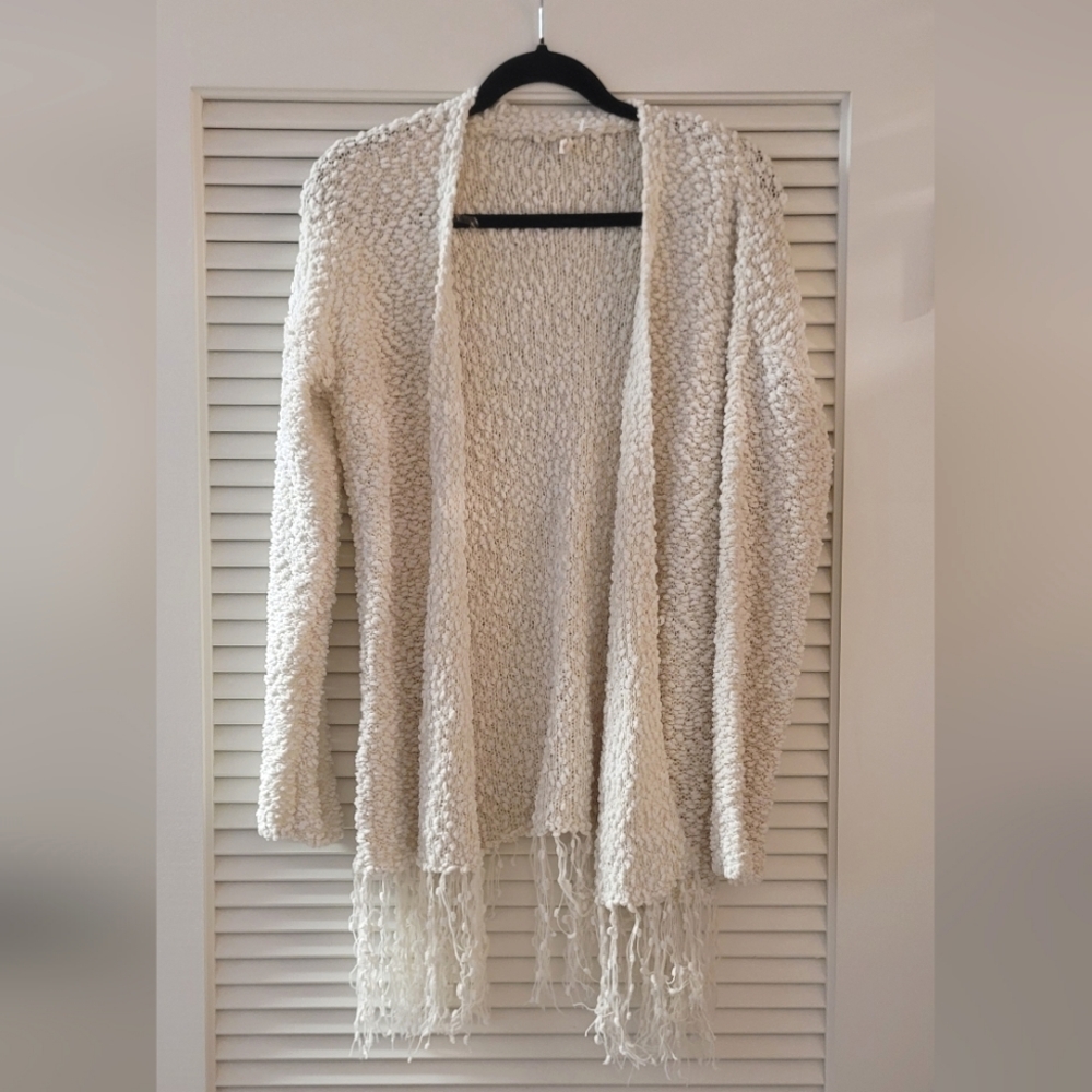 POL- Cream Knit Fringed Open Cardigan